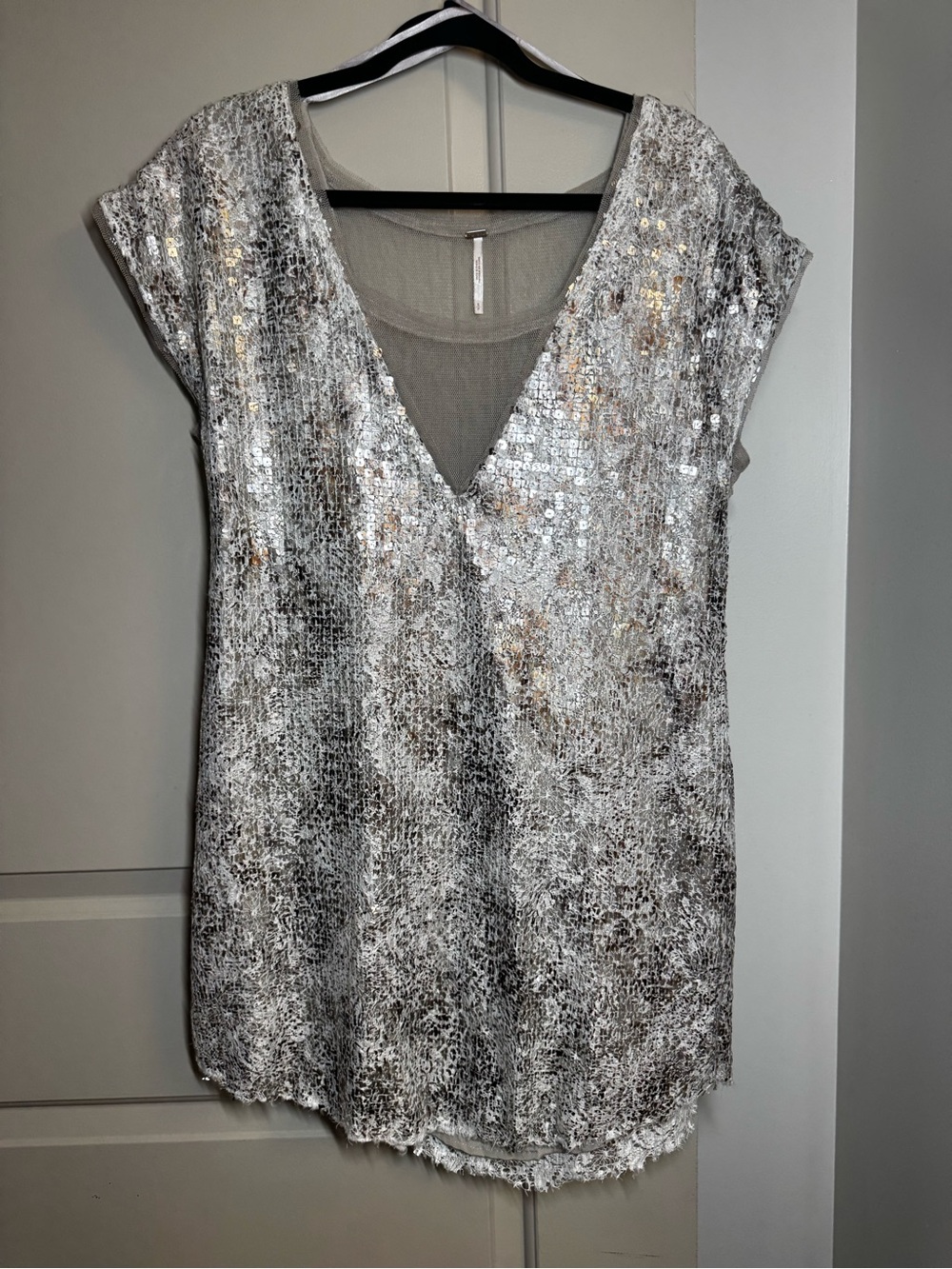 Free People Silver Sequin V-Neck Mini Dress